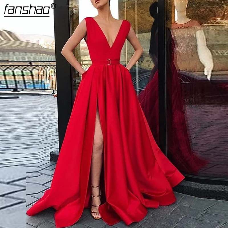 

Red Muslim Evening Dresses 2019 High Slit A line V neck Cap Sleeves Islamic Dubai Saudi Arabic Long Elegant Evening Gown-in Even