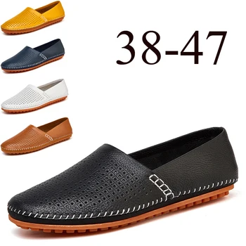 

Men Casual Shoes Genuine Leather Footwear Summer Breathable Holes Brand Comfortable Soft Flat Shoes for Men Driving Shoes