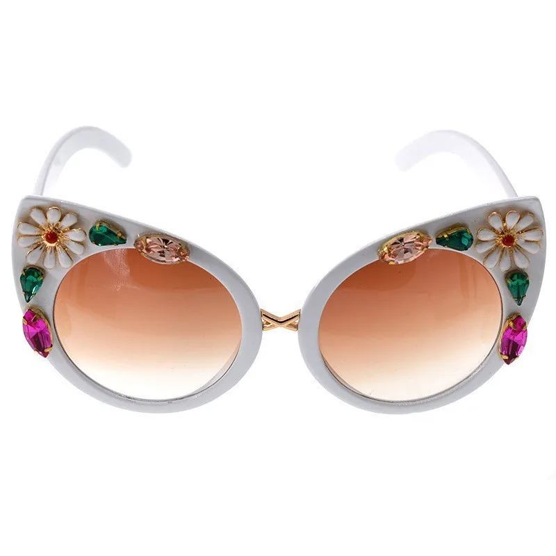 Кошачий глаз, алмазные солнцезащитные очки для женщин, фирменный дизайн, ручная работа, стразы, модные, в стиле барокко, солнцезащитные очки, цветок с жемчугом, винтажные очки - Цвет линз: C3