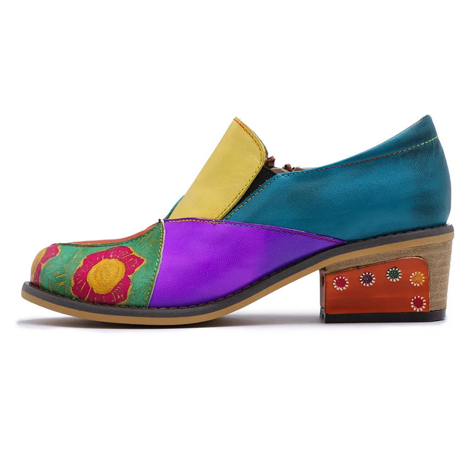 2019 New Genuine Leather Women Pumps Handmade Color Block Loafers Oxfords Shoes For Woman Med Heels Ladies Single Shoes Big Size (12)