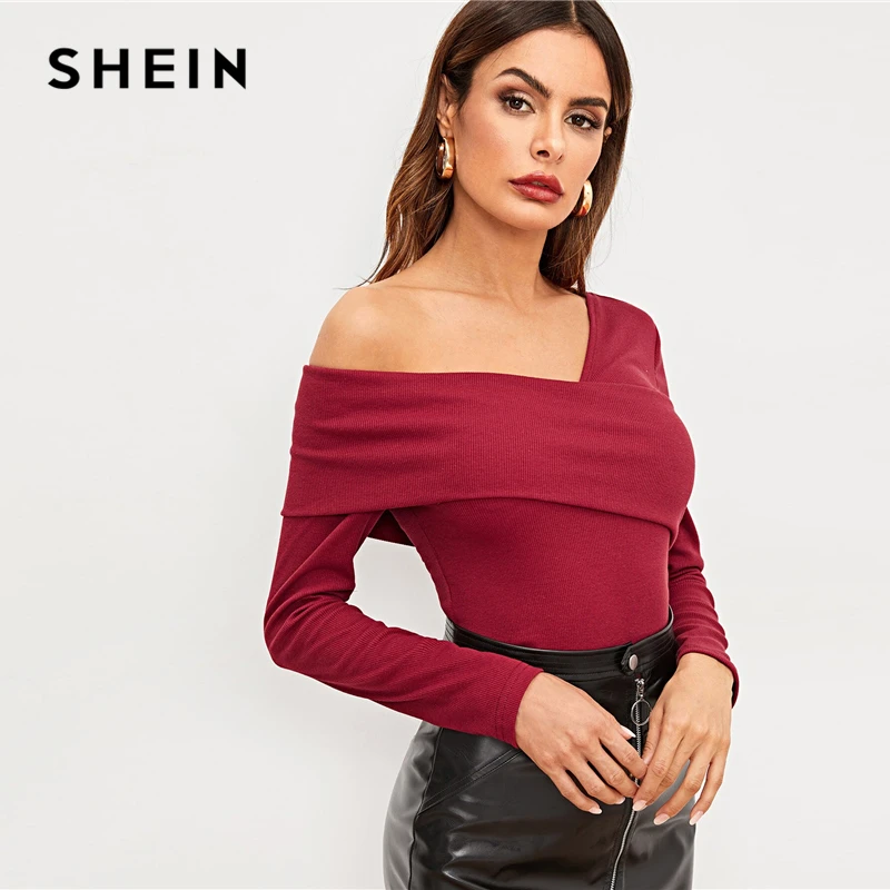 SHEIN, белая Асимметричная Однотонная футболка с круглым вырезом, вязанная в рубчик, приталенный, вечерние, Повседневный пуловер, рубашка с длинным рукавом, осень, женская футболка, Топ