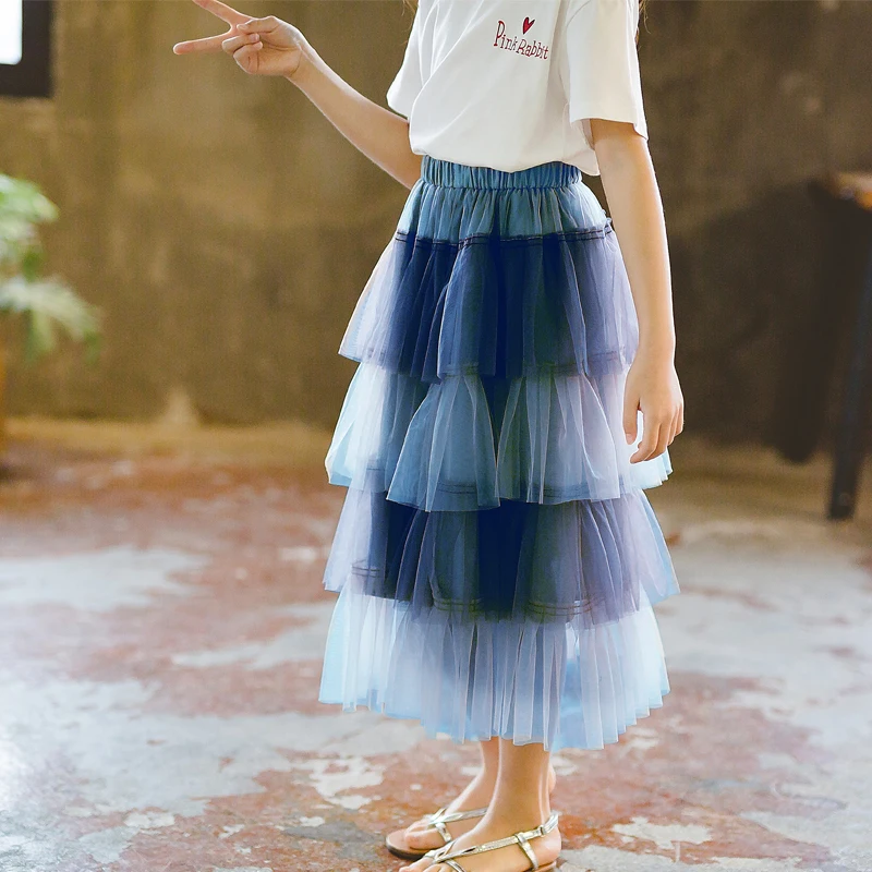

Girl Long Skirts Baby Tulle Ball Gown Party Casual Long Skirts Kids Beautiful Skirts Gradual Change Fluffy Rainbow Tulle Skirts