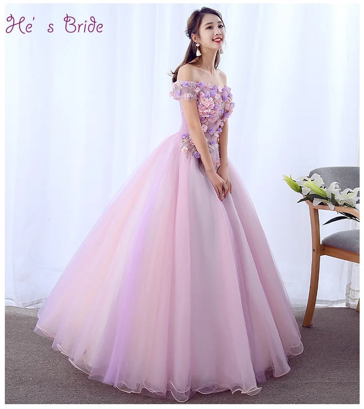 

He's Bride Appliques Flower Boat Neck Lace Up Back Floor-Length Ball Gown Long Lace Evening Dress Party Gown Vestido De Noche