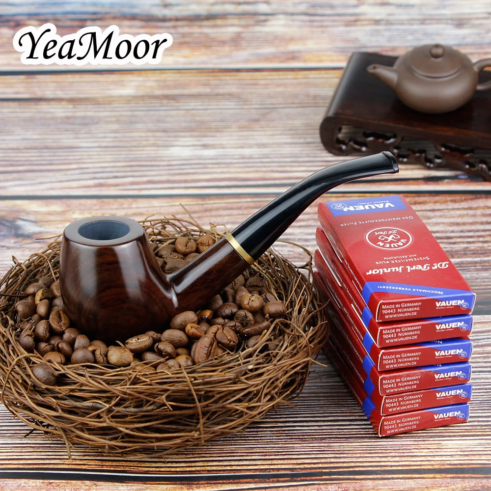 

New Ebony Wood Pipe Traditional Bent Smoking Pipe 60pcs 9mm Filter Handmade Gold Metal Ring Tobacco Pipe Activated Carbon Filter