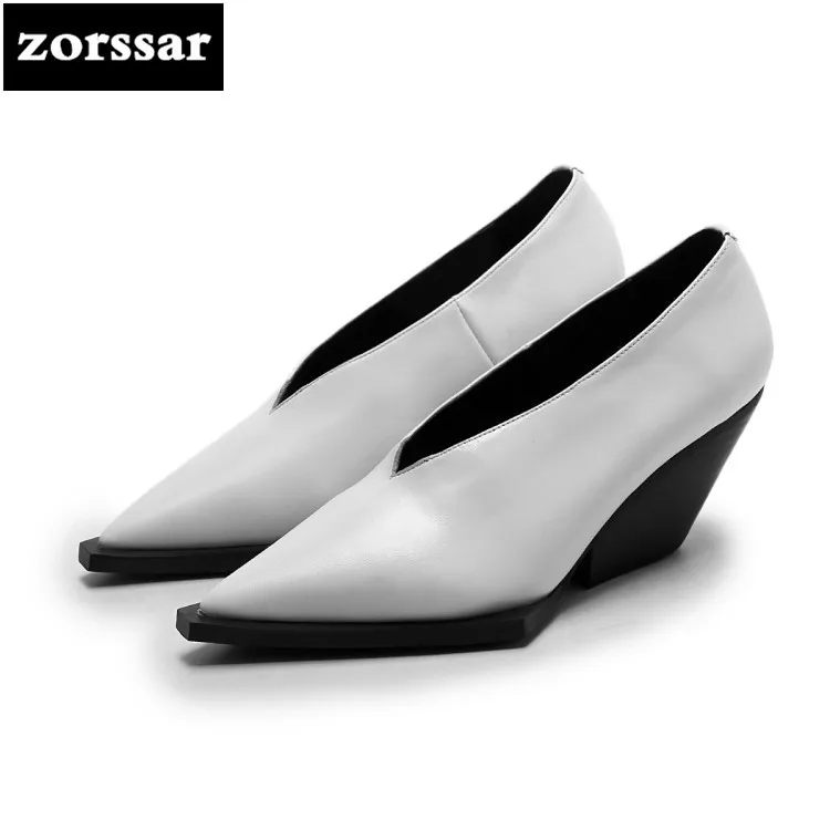{Zorssar} 2018 NEW Genuine Leather womens shoes heels pumps Slip-on pointed toe Wedges High heels fashion women dress shoes {Zorssar} 2018 NEW Genuine Leather womens shoes heels pumps Slip-on pointed toe Wedges High heels fashion women dress shoes
