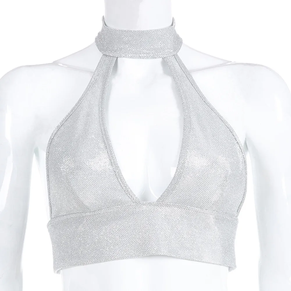 

Sexy Summer Shiny Tank Top Club Party Halter Sleeveless Vest Tank Tops Cut Out Deep V Neck Sequined Crystal Metal Crop TopsHot