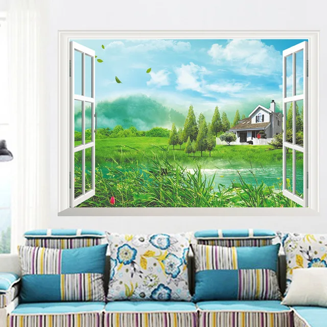 

Nature Mountains Lake Forest Trees House Scene Window Sticker Wall Poster Vinyl Decor For Living Room Bedroom Mural