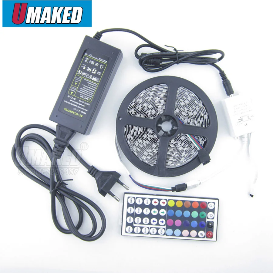 #cheap RGB LED strip 5050 SMD 60LED M 12V flexibe led ribbon 5M led tape light+ 44key IR Remote controller+12V 4A power adapter by dhl