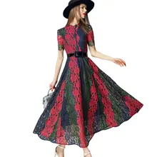 

Ladies Lace Stitching Spring Summer Banquet Long Dress 2018 Fashion Collar large size Dresses Belt Slim Ladies hollow Vadim 515