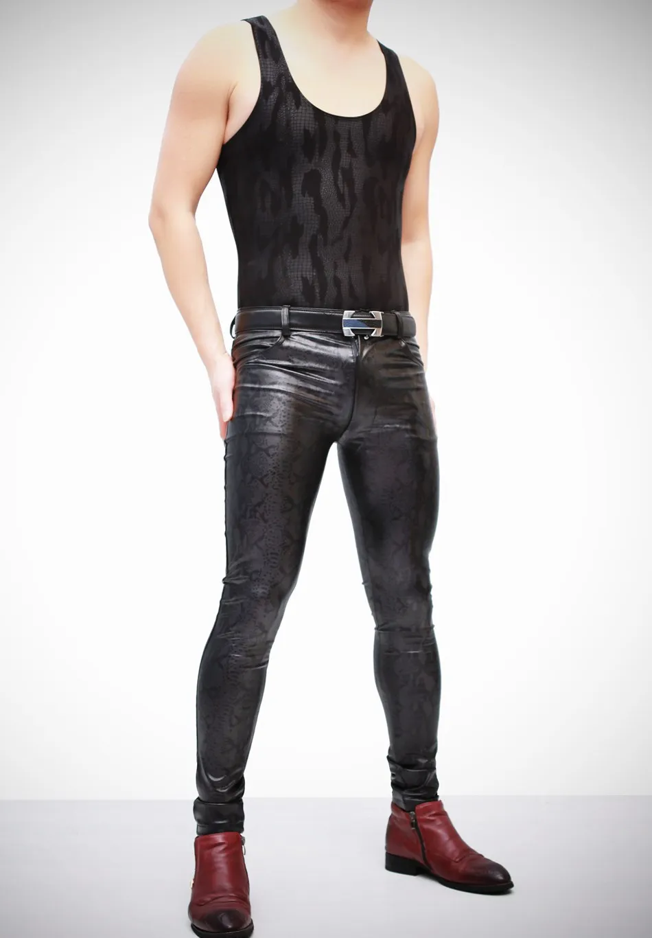 Men Sexy Slim Tight Pants Trousers Elastic Snake Print Faux Leather
