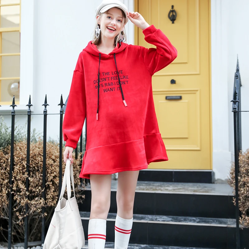 

New Hooded Clothes For Pregnant Women Embroidery Letters Long Sleeved Maternity Dresses Warm Maternity Women'S Autumn Winter