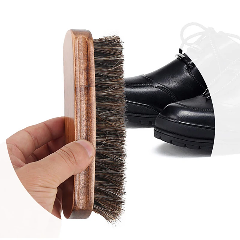 1pcs Natural Wooden Handle Horsehair Shoe Brush Polish Leather Horse Hair Soft Polishing Tool