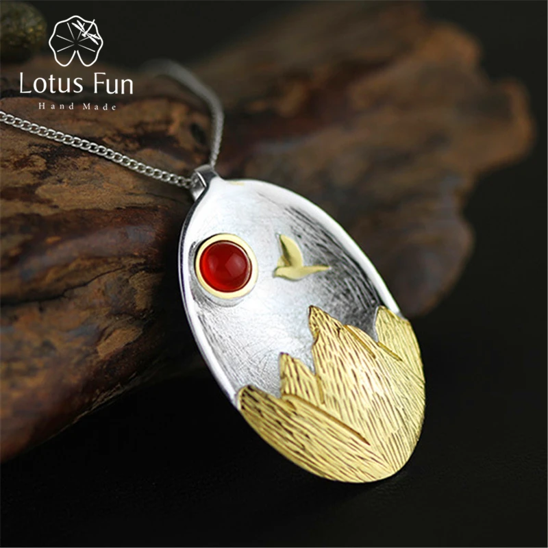 

Lotus Fun Real 925 Sterling Silver Natural Agate Handmade Fine Jewelry \"The Sunset\" Pendant without Necklace for Women