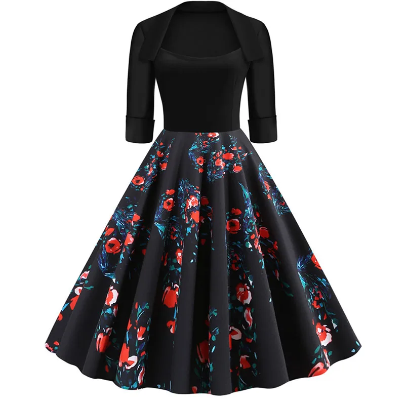 Half Sleeve Black Autumn Winter Women Dress Floral Print Vintage Party Dresses Robe Casual Rockabilly A-Line Pin Up Vestidos