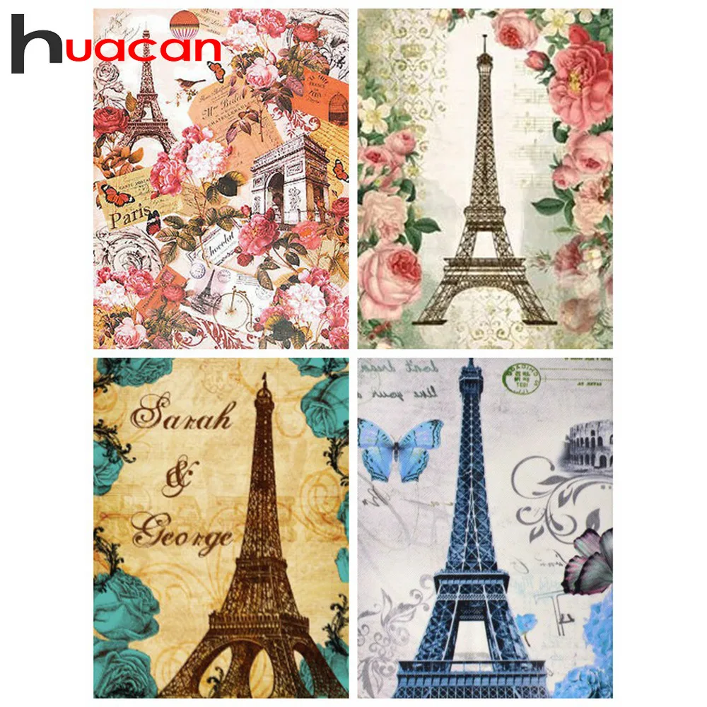

Huacan Diamond Embroidery Square/Round Rhinestones Flower Diamond Embroidery Complete Kit Eiffel Tower Home Decoration