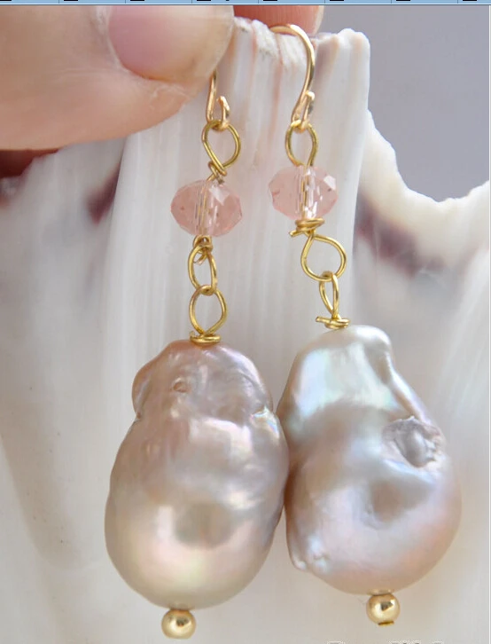 

20mm baroque purple keshi reborn pearl faceted pink crystal dangle earring plated