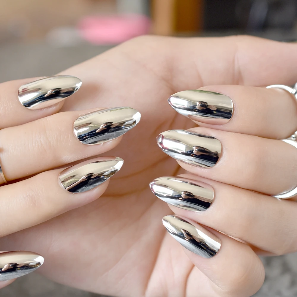24pcs Silver Metallic Stiletto Nails Medium Full Cover Sharp 24pcs Silver Metallic Stiletto Nails Medium Full Cover Sharp Mirror Acrylic False Nail Art Tips For Women Finger Decoration N21 In From Beauty