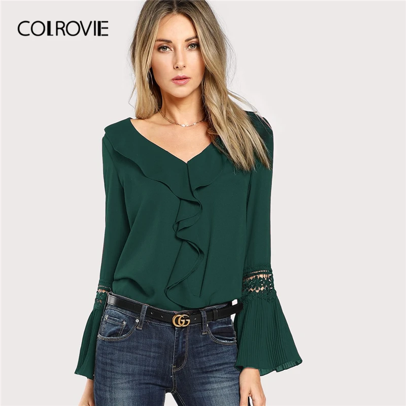 

COLROVIE Green Solid V Neck Lace Insert Pleated Cuff Elegant Blouse Women 2019 Spring Flounce Sleeve Ruffle Office Ladies Tops