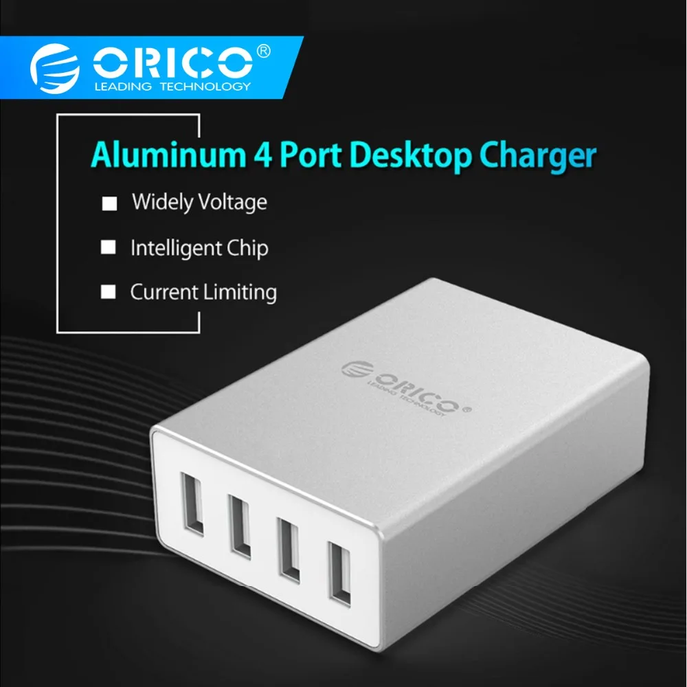 ORICO الألومنيوم 4 منافذ هاتف ذكي شاحن يو اس بي 5V6. 0A30W الإخراج لفون اللوحي Xiaomi الأحمر HTC سوني شاحن لسطح المكتب-الفضة