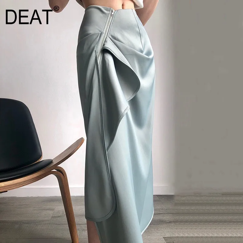 

[DEAT] 2019 New Spring Summer High Waist Black Zipper Pleated Spliced Irregular Half-body Skirt Women Fashion Tide 10B553