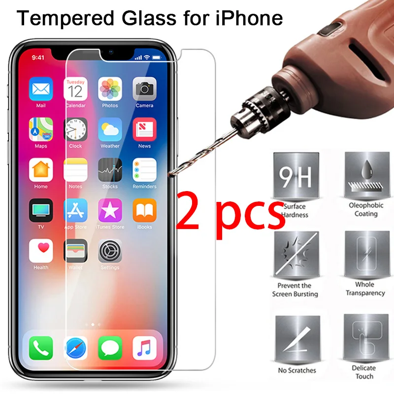 

2pcs! 9H HD Protective Glass on the for iPhone 7 X XR XS 11 Pro Max Toughed Screen Protector for iPhone 8 6 6S Plus 5 5S SE 4 4S