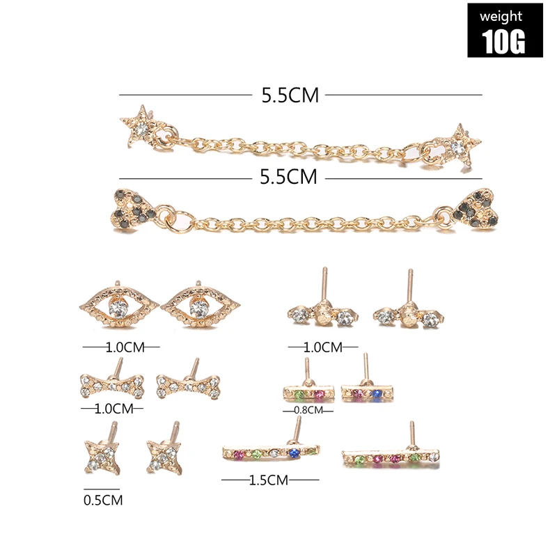 14 шт./компл. богемные инкрустированные цветные хрустальные серьги-цепочки женские модные серьги-гвоздики с сердечками любовь звезда кости глаза набор