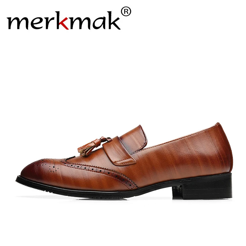 Merkmak Big Size 37-48 Men Leather Loafers Brand Shoes Classic Tassel Brogue Mans Footwear Formal Shoes Casual Bullock Shoes