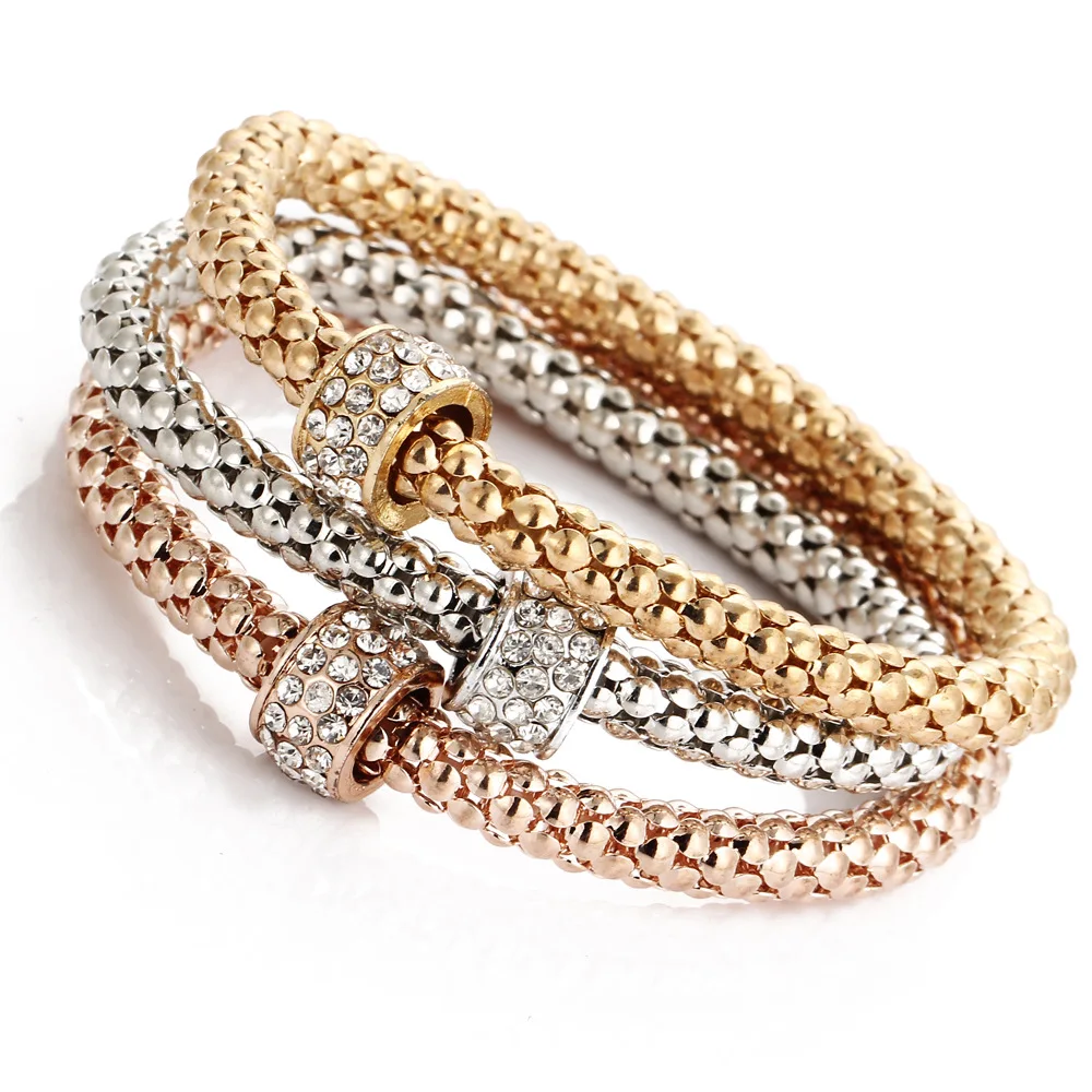 

3pcs/set New Multilayer Silver Rose Gold Color Charm Bracelets For Women Round Crystal Bead bracelets & bangles Luxury jewelry