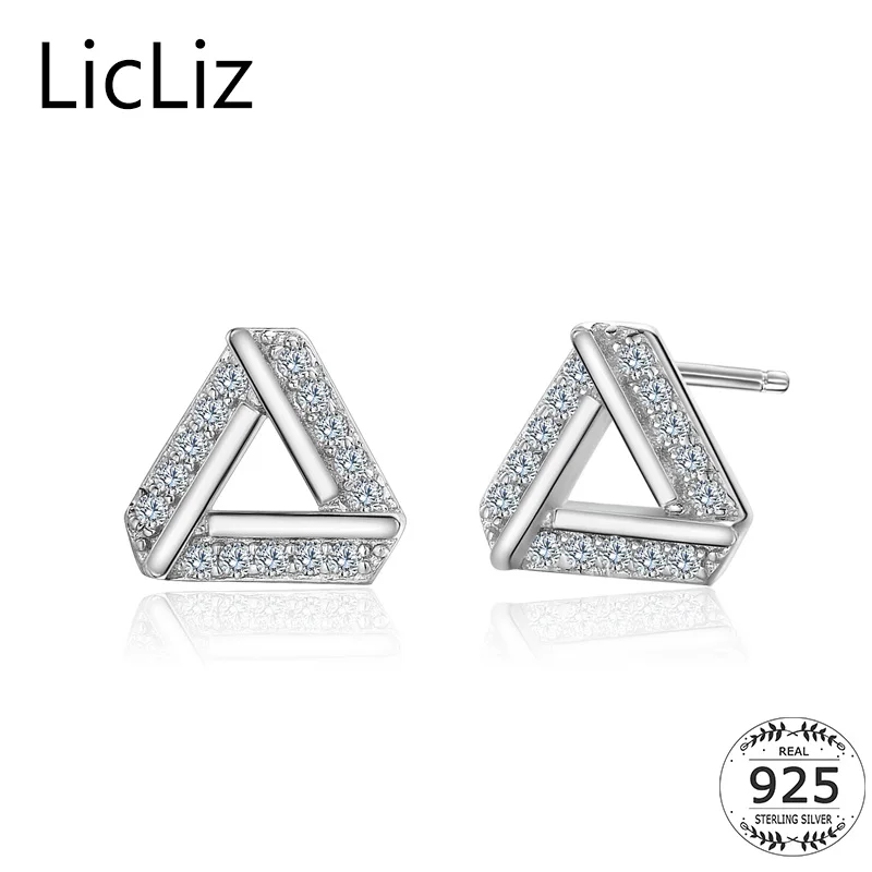 

LicLiz 925 Sterling Silver Triangle Earrings For Women Post Ear Piercing Studs Geometric Pave Cubic Zirconia Stud Earings LE0338