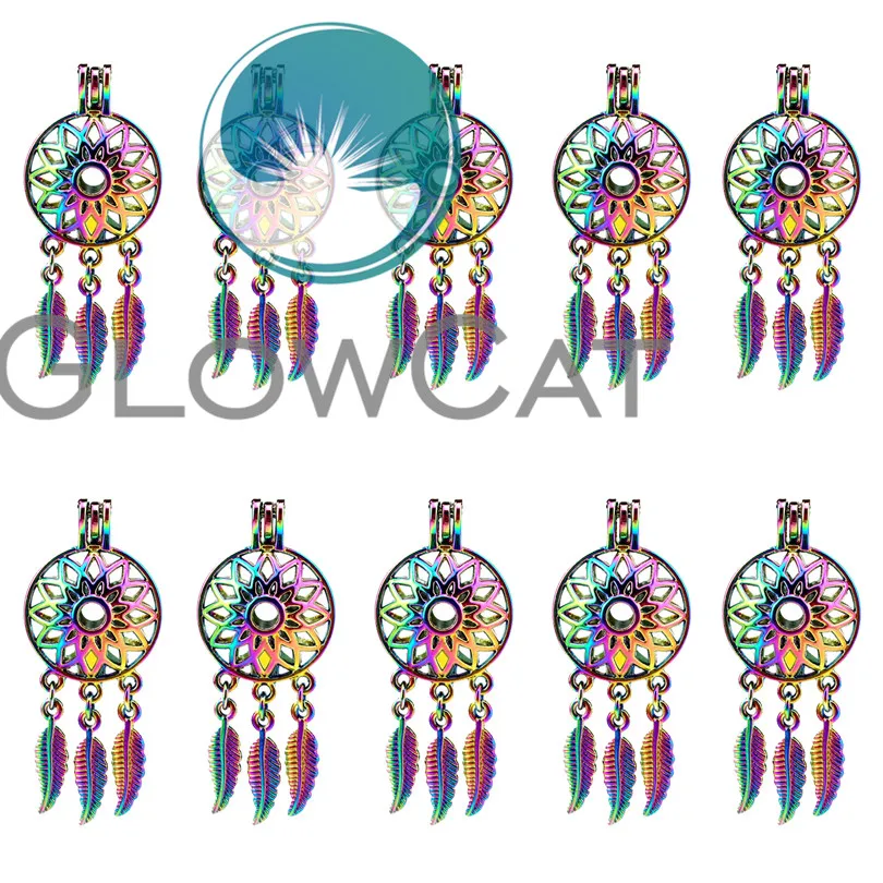 

GLOWCAT 10x C679 Rainbow Flower Dream Catcher Leaves Beads Cage Jewelry Making Essential Oil Diffuser Pearl Cage Locket Pendant