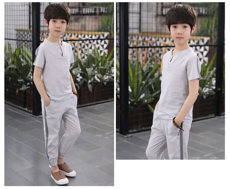 kids 2pcs sets solid o-neck cotton linen tops t shirts for boys sport suits fashion boys clothes children summer 2018 clothing (14)