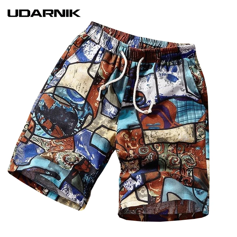 Мужские летние хлопковые льняные повседневные пляжные шорты с цветочным рисунком свободные короткие шнурок длиной до колена брюки Мода 204-999