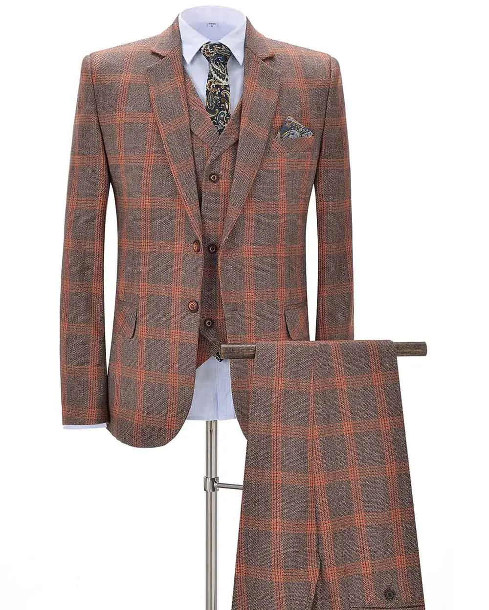 

2019 New Orange Men's Plaid Suits 3 Pieces Formal Notch Lapel Business Tuxedos Groomsmen For Wedding(Blazer+vest+Pants)
