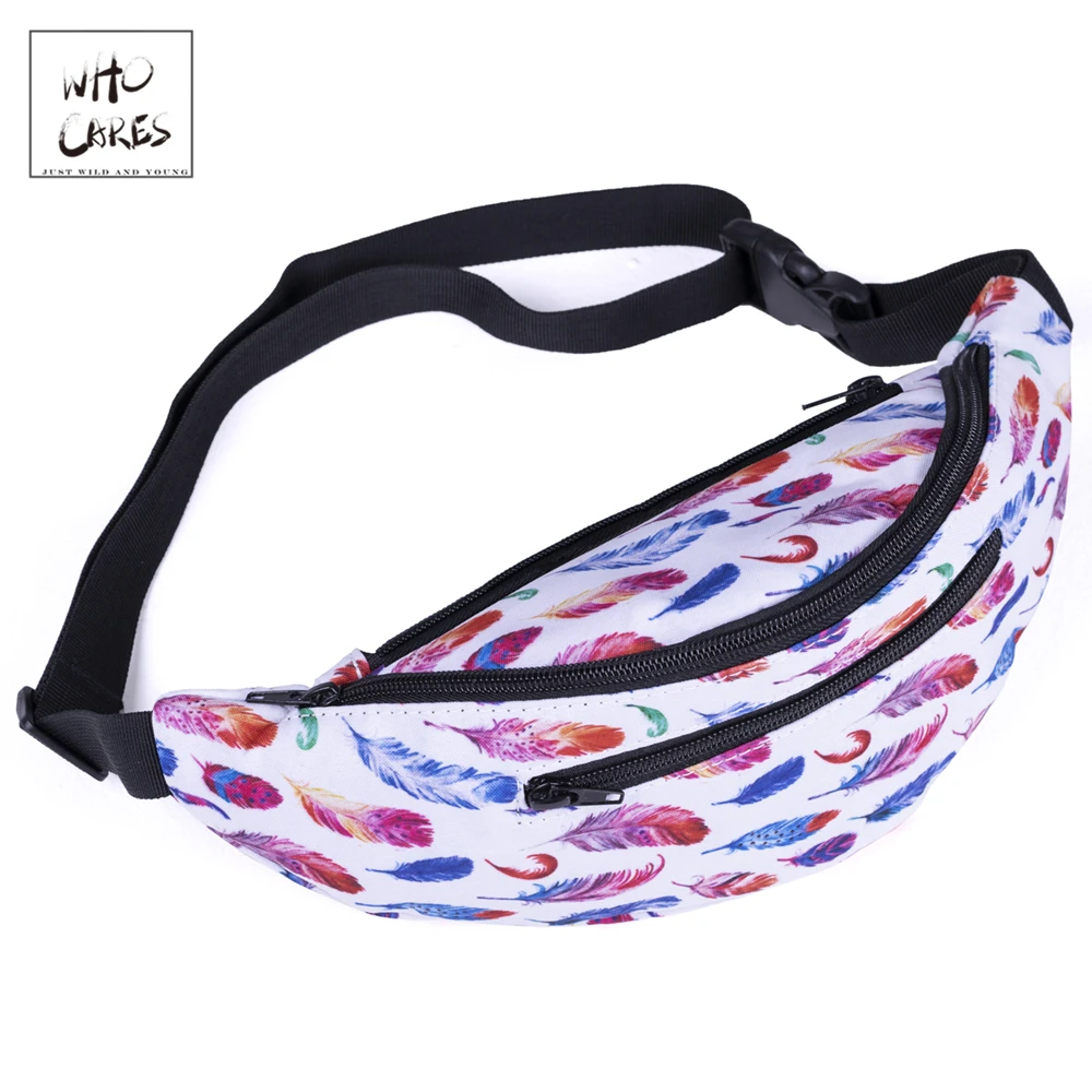 

WHO CARES Colored feathers on white Women Fanny Packs Printing Female Belt Multipocket Bag Waist Packs Travelling bags