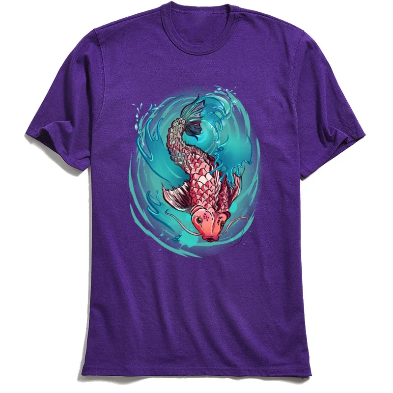 Koi Fish Splash Crewneck T Shirts Thanksgiving Day Tops T Shirt Short Sleeve Funny 100% Cotton Funny Tees cosie Men's Koi Fish Splash purple