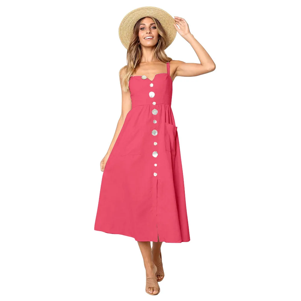 

Casual Summer Beach Dress A Line Slim Fit Sexy Strap Dress Women Sleeveless Solid Elegant Dress With Pockets Vestidos 2019 Mujer