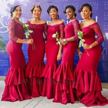 Graceful Satin Sequins Prom Gown Three Quarter Party Dress Sexy Bridesmaid Dress Mermaid Tiered Ruffles Bridesmaid