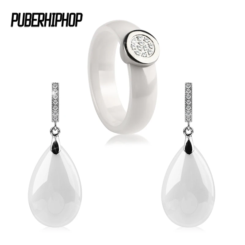 

2018 New Arrival Fashion Water Drop Earrings Rings Set Jewelry Silver Color Zircon Crystal Ceramic Jewelry Sets For Women Gift