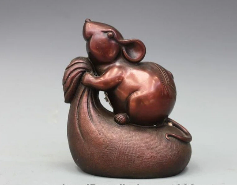 

Chinese Folk Feng Shui Red Bronze Cloth bag Lucky Zodiac mouse Voles Statue