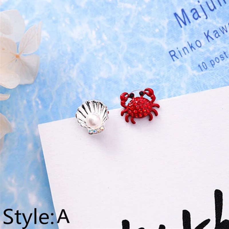 925 Silver Needle Cute Crab Starfish Pearl Shell Ear Stud Earrings