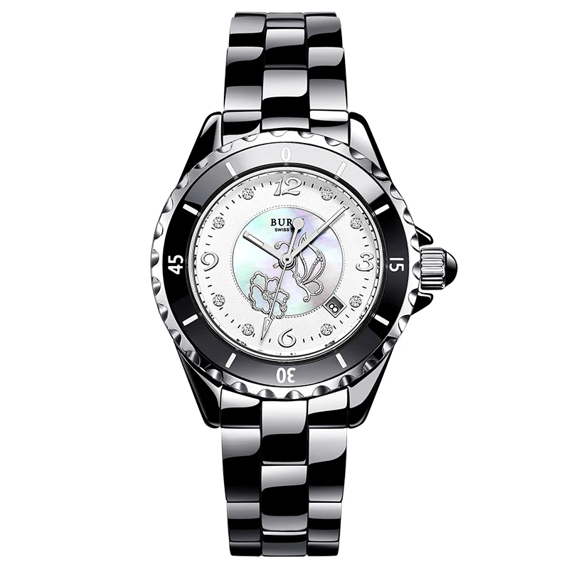 

BUREI 18001 Switzerland watch women luxury brand J12 series pearl Ceramic calendar fashion butterfly black relogio feminino