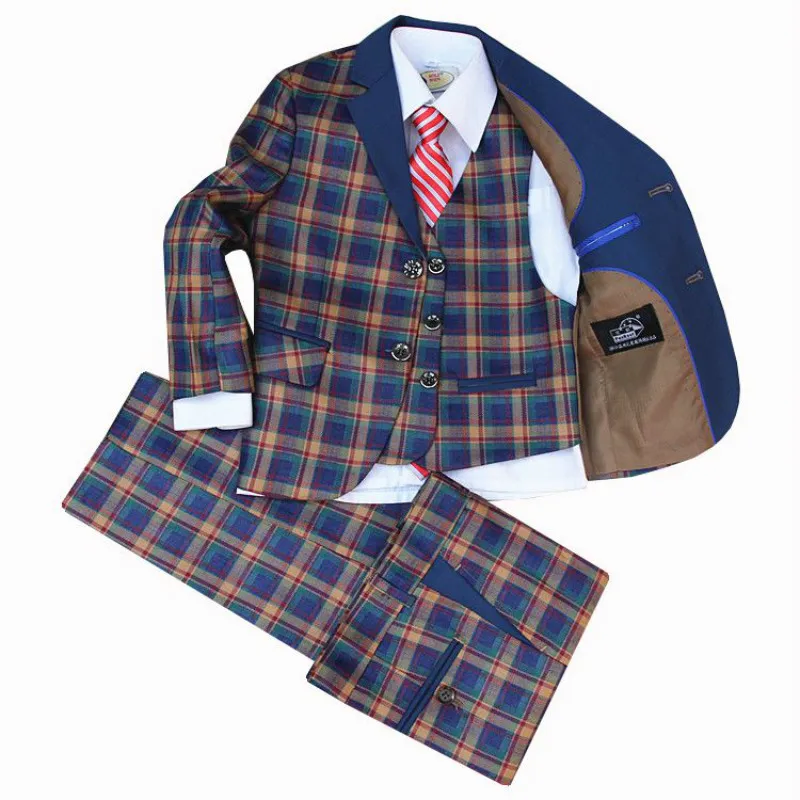 

Children's dress suit jacket wedding boy dress long sleeve single-breasted plaid 4 piece jacket + vest + pants + bow tie