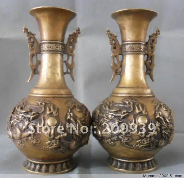 

China Bronze Dragon Fire Ball Flower Vase Pot Pair