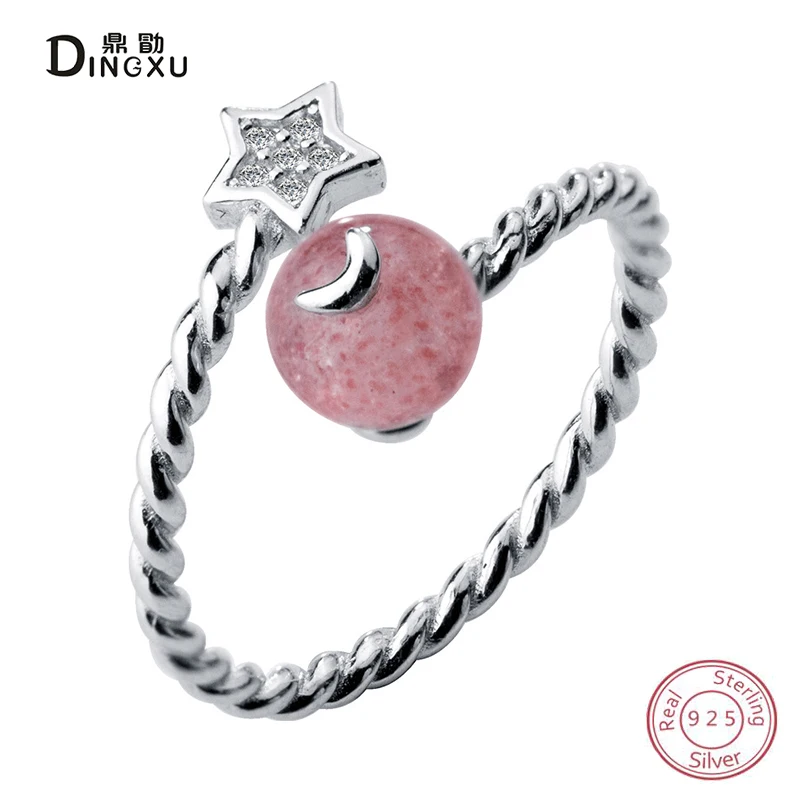 

100% 925 Sterling Silver Simple Strawberry Crystal Heart Opening Star Moonstone Personality Female Resizable Opening Rings