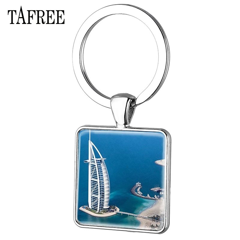 

TAFREE Beautiful Dubai Square Keychains Charming Silver Plated key Chains Bag Car Key Accessories Personality Jewelry FA680