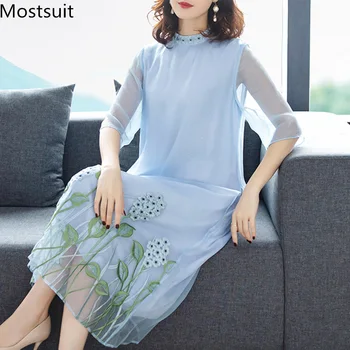 

2019 Summer Vintage Embriodery Long Dress Women Plus Size Half Sleeve Sexy Elegant Party Beach Dresses Vestidos Apricot Blue