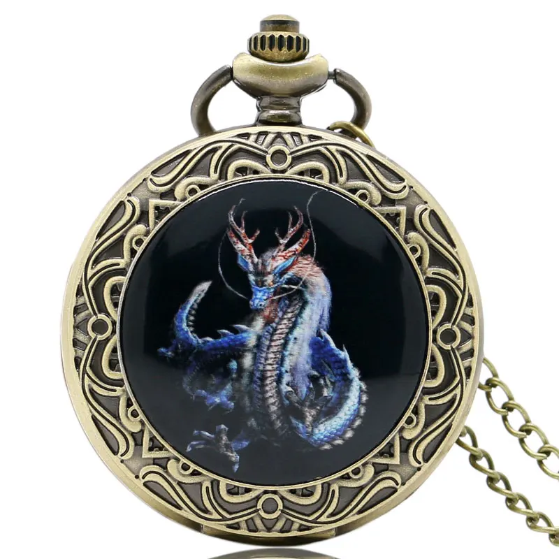 

Awesome Dragon Face Design Quartz Pocket Watch Round Dial Analog Retro Necklace Chain FOB Watch Gifts for Men Boys Drop Shipping