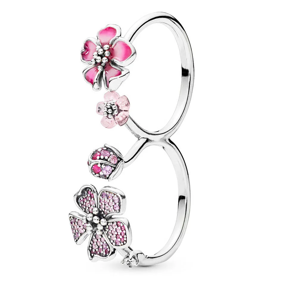 

Authentic 925 Sterling Silver Ring Two in One Pink Enamel Peach Blossom With Crystal Rings For Women Gift Fine Europe Jewelry