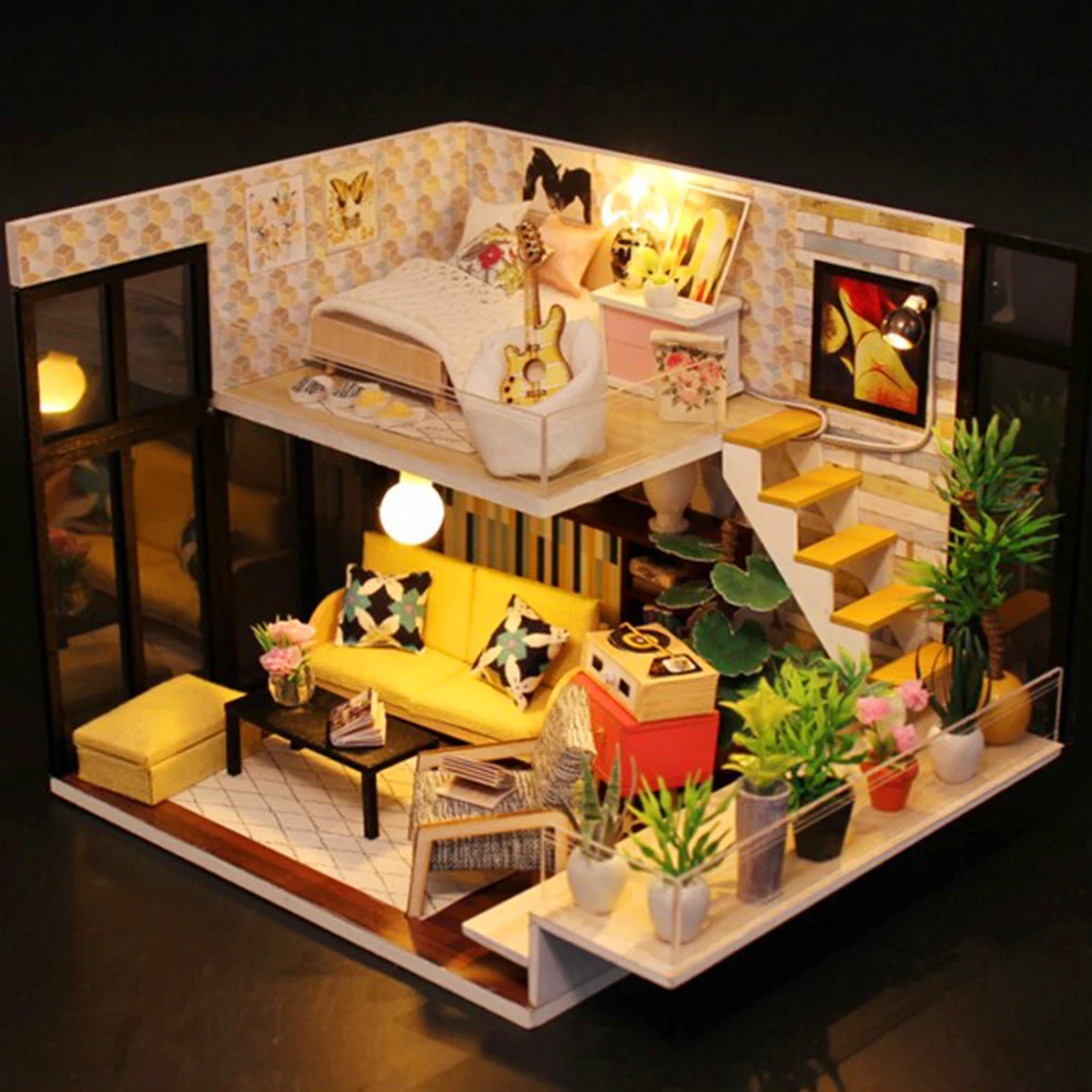 DIY Loft Apartments Dollhouse Wooden Furniture LED Kit Children Puzzle Toy Dollhouse Assemble Accessories