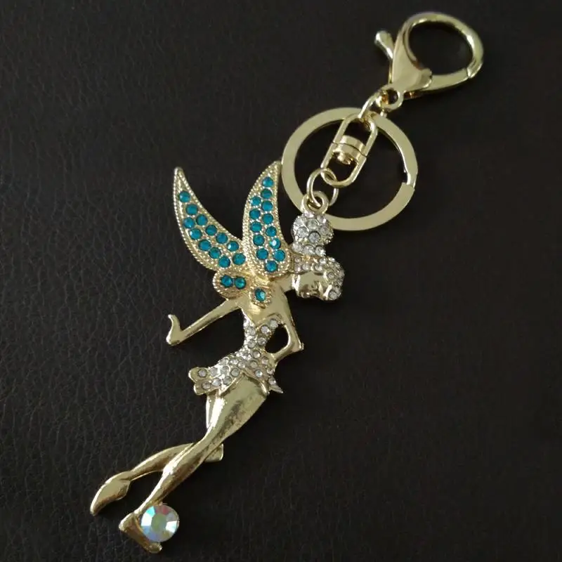

Fashion Blue Rhinestone Crystal Flower Fairy Keychain Gold Color Plated Metal Alloy Angel Key Chain Women Bag Pendant Key Ring